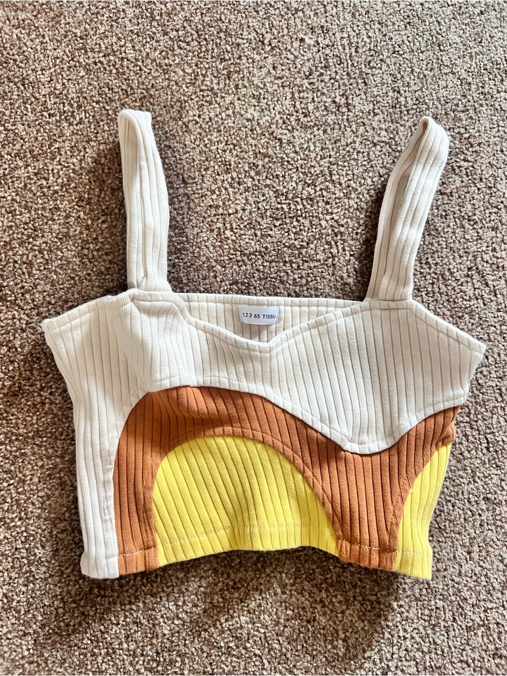 Cream Ribbed Colorblock Crop Tank with Yellow & Brown Accents